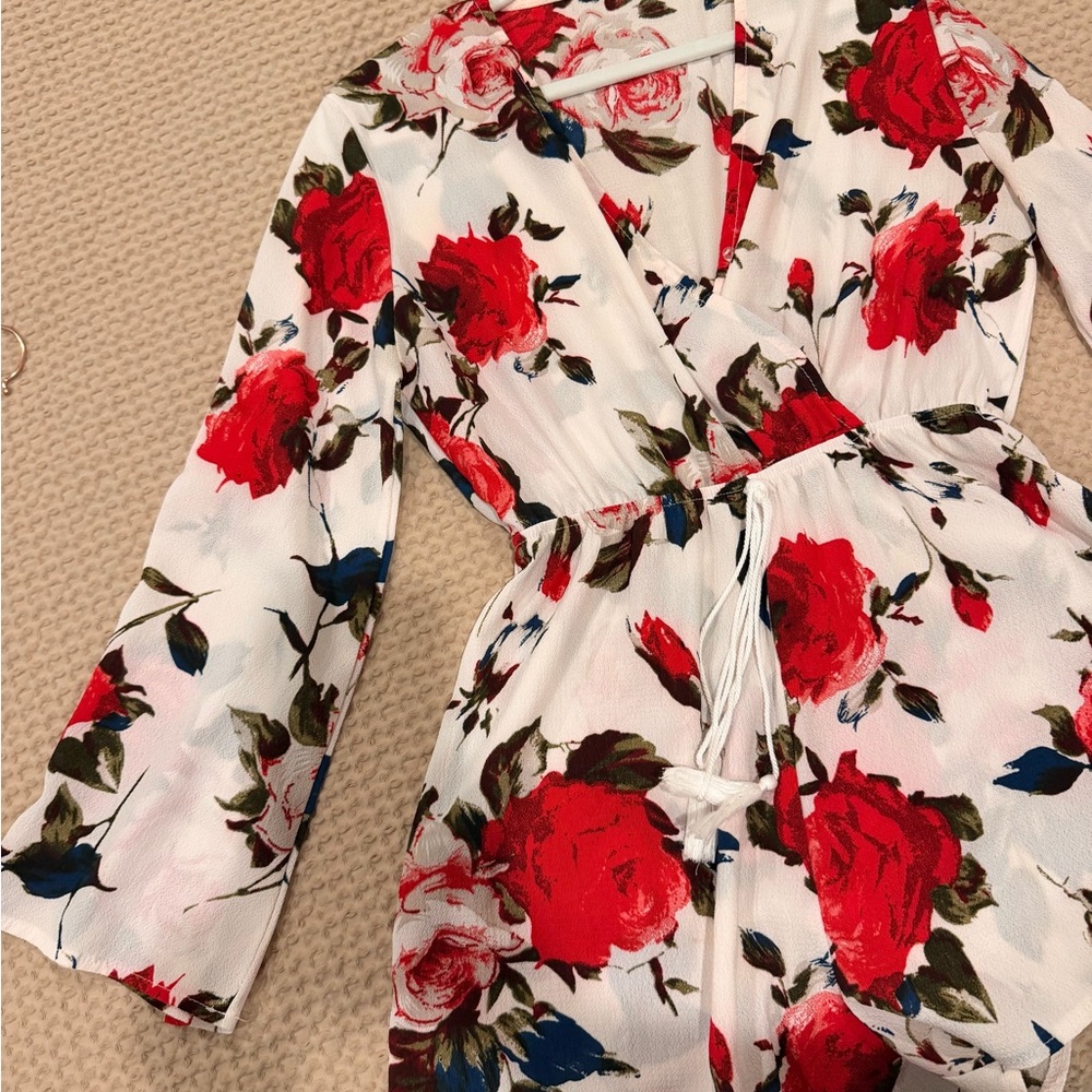 White Floral Romper with Red Rose Print